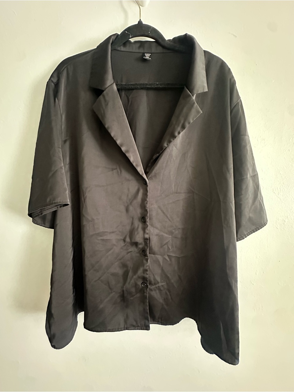 Black Short Sleeve Silky Button-Up Top